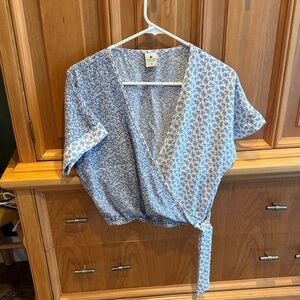 Paper Crane Blue Floral Wrap Blouse